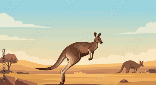 Kangaroo Jumping in Australian Outback Desert Landscape with Dry Vegetation