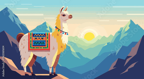 Llama Standing on Mountain Peak at Sunrise, Andean Landscape, Colorful Blanket