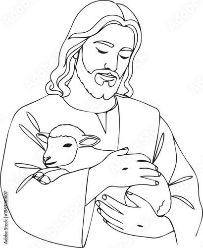 Jesus christ with long hair gently holding a small innocent lamb in his caring arms isolated on transparent background, Vector, illustration