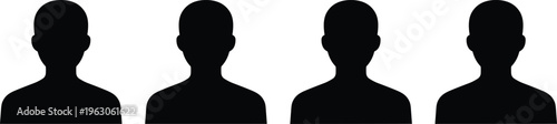 Set of four identical black vector silhouette male user profile avatars isolated on white background for website default accounts and social media team members