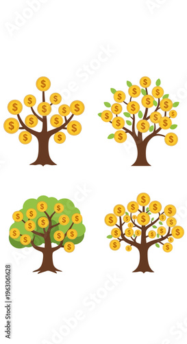 Money Tree Growth: Four Diverse Styles of Coin-Bearing Trees Symbolizing Wealth and Investment