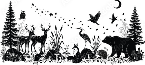 Black and white forest scene with animals and birds under crescent moon at night