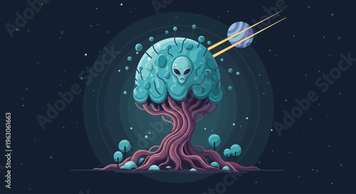 Mysterious Alien Tree with Planet and Stars in Cosmic Space