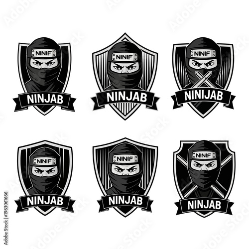 Ninja Emblem Set: Masked Warriors, Shields, Swords, and Ribbons