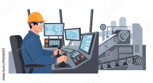 Operator controls heavy machinery from a modern control room with joysticks and monitors