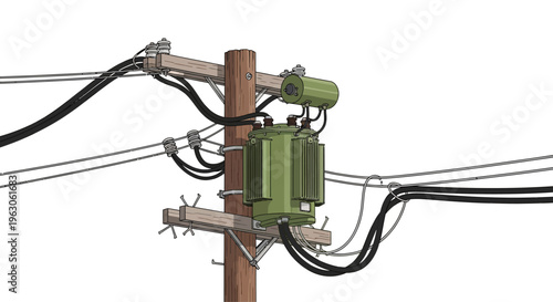 Power pole with transformer and electrical wires against white background