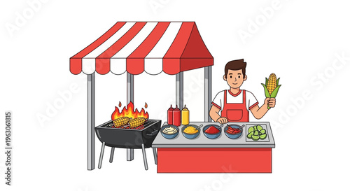 Street food vendor grilling corn on the cob at a colorful stall with condiments