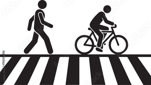 A person walking while another person rides a bicycle across a marked pedestrian crosswalk sign isolated on transparent background, Vector, illustration