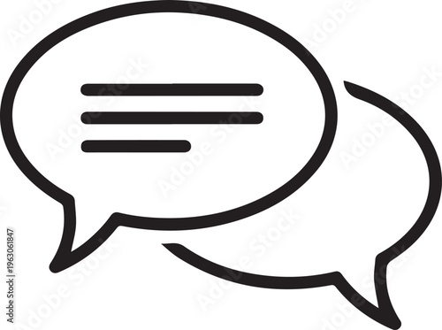 Two overlapping speech bubbles showing a conversation with text lines inside a simple black outline isolated on transparent background, Vector, illustration