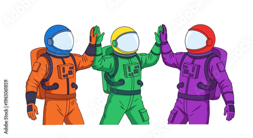 Three colorful astronauts high-fiving, celebrating teamwork and space exploration