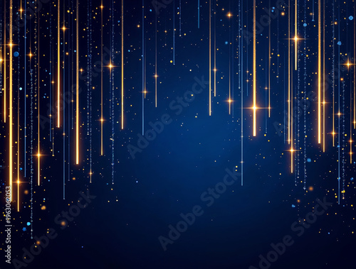 Abstract festive dark blue background with golden sparkling stars, glitter particles, and elegant falling light streaks. Perfect for celebration, holidays, or luxury events.