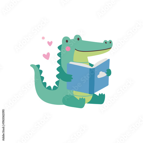 Cute Kawaii Cartoon Alligator Reading a Blue Book, Storytime for Kids Concept
