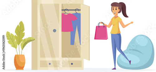 A woman excitedly holding a shopping bag while standing next to an open wardrobe with clothes inside