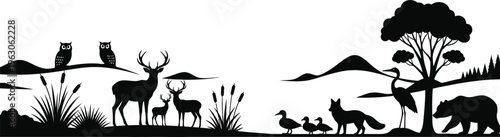 Black silhouettes of various animals and plants in a natural landscape scene