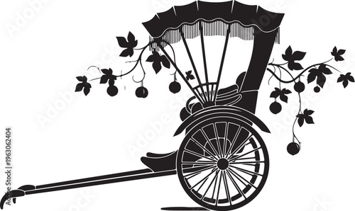 Black silhouette of a rickshaw with a parasol and cherry branches