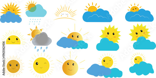 Weather icons, sunny cloud symbols, smiley faces, forecast graphics, vector set