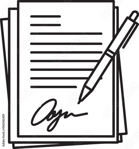 A stack of important paper documents with a ballpoint pen resting on top for signing isolated on transparent background, Vector, illustration