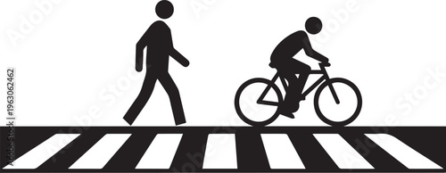Black silhouette of a person walking near a bicyclist crossing a marked road pedestrian crossing isolated on transparent background, Vector, illustration