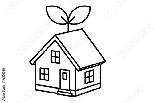 家と芽のモノクロアイコン 環境を表すシンプルな線画素材
