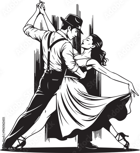 Elegant couple in vintage clothing performing an intense and passionate tango dance move on stage isolated on transparent background, Vector, illustration