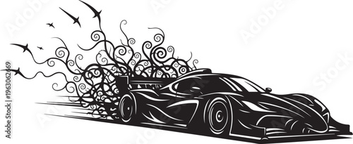 Black silhouette of a speeding race car with swirling lines and birds
