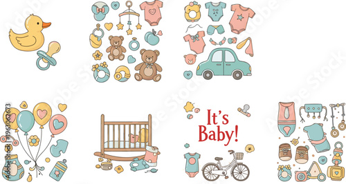 Baby shower vector set with newborn items, toys, clothes, crib, stroller and cute celebration elements in soft pastel flat illustration style