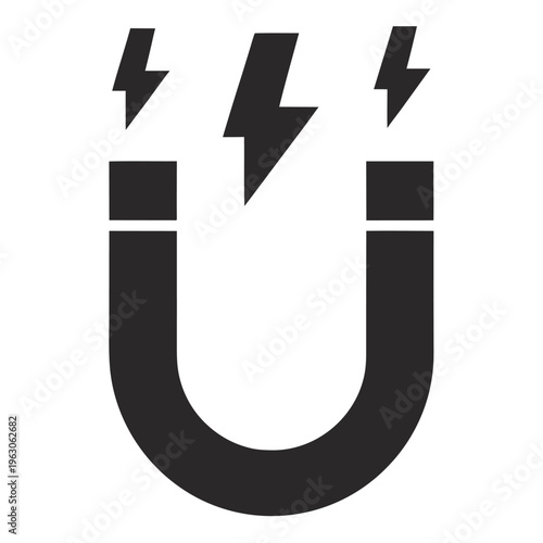 Black horseshoe magnet attracting lightning bolts in a graphic design