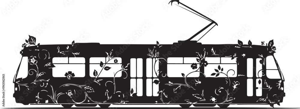 Obraz premium Black silhouette of a tram with floral decorations