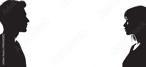 Black silhouette profile of a man and a woman looking at each other from sides isolated on transparent background, Vector, illustration