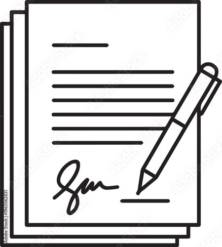 A stack of important documents waiting for a signature with a pen placed on top isolated on transparent background, Vector, illustration