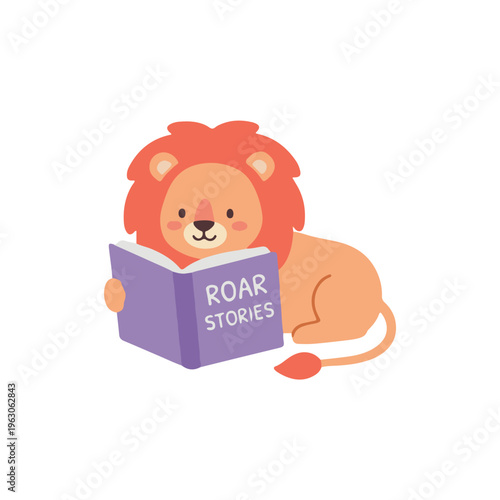 Cute Kawaii Cartoon Lion with Mane Reading a Purple Book titled 'ROAR STORIES', Child Learning Concept