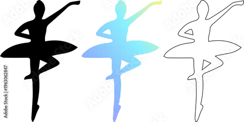 Ballerina silhouette set, 3 dancing girl vector icons