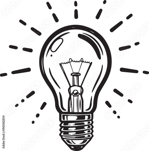 A bright glowing lightbulb representing a sudden spark of creative genius and new innovative ideas isolated on transparent background, Vector, illustration