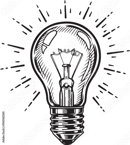 A black and white line art drawing of a glowing light bulb representing creative thought isolated on transparent background, Vector, illustration