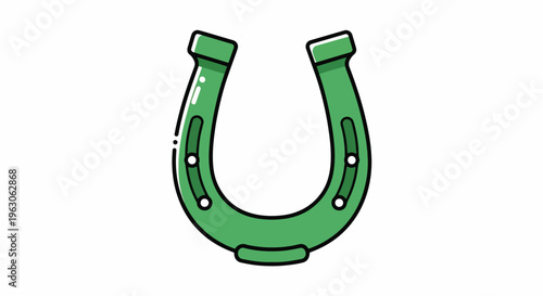 Green horseshoe with holes for nails on plain surface