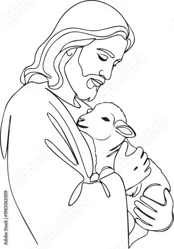 A serene drawing of jesus christ gently holding a young lamb in his loving arms isolated on transparent background, Vector, illustration