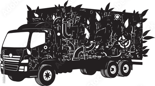 Black silhouette of a truck with mechanical components and leaves