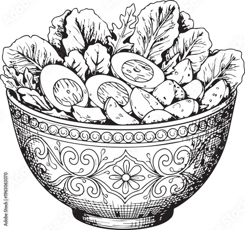 Fresh green salad with boiled egg halves served in a beautiful ornate decorative ceramic bowl isolated on transparent background, Vector, illustration