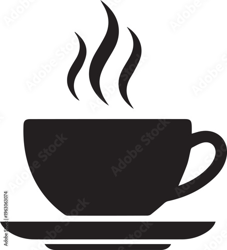 A simple black silhouette of a hot cup of coffee resting on a small saucer isolated on transparent background, Vector, illustration