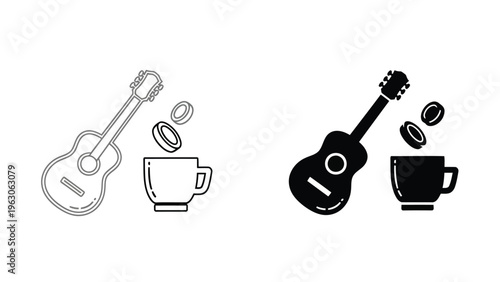 A graphic depicts a ukulele and a coffee cup shown in both outline and solid black styles