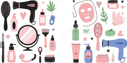 Beauty and skincare collection with cosmetics, hair dryer, mirror, face mask and self care items vector set