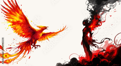 Majestic fire phoenix bird facing a dark shadow figure, mythical creature of light and flame, epic fantasy battle illustration of good versus evil