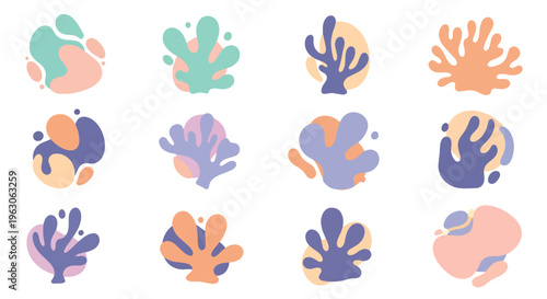 Vibrant abstract shapes in purple blue orange and green hues arranged in rows on a plain surface