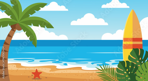 Vibrant Summer Beach Scene with Palm Tree, Surfboard, and Ocean Waves - Vector Illustration