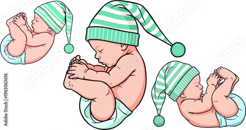 Sleeping newborn baby vector set, infant in striped nightcap and diaper, cute neonate character illustrations for nursery and baby shower design
