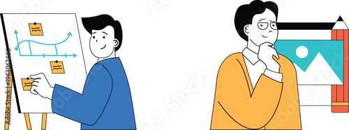 Two professionals discussing ideas with visual aids and charts in a presentation setting