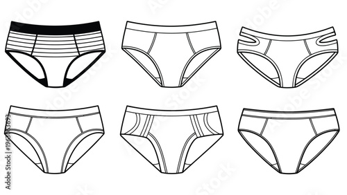 A technical illustration showcasing six different styles of women s underwear in black and white