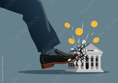 Financial Crisis Vector Illustration A Foot Kicks a Bank Building, Causing a Money Explosion