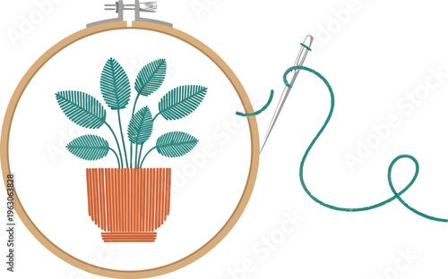 Embroidery hoop with plant design and thread