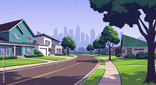 Suburban street with houses and a city skyline in the background - vector illustration of a residential neighborhood